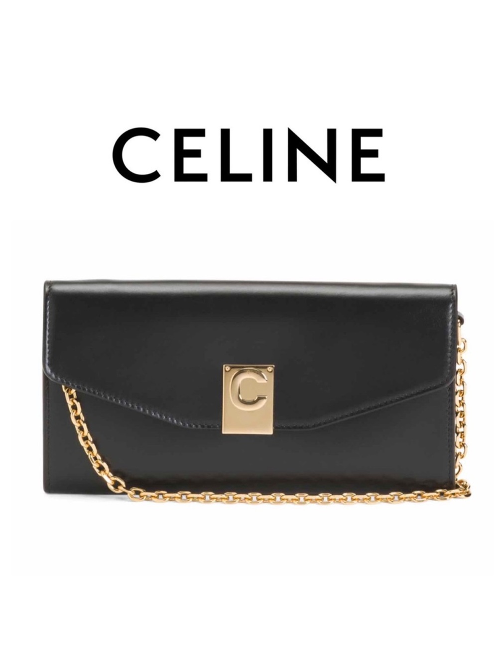 CELINE C Leather WOC Wallet on Chain in Black with Gold Hardware